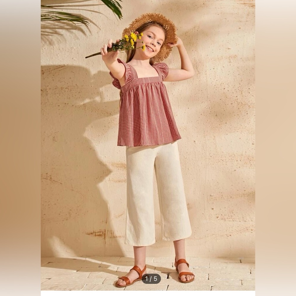 Ruffle trim gingham tank top and pant set 8-9
